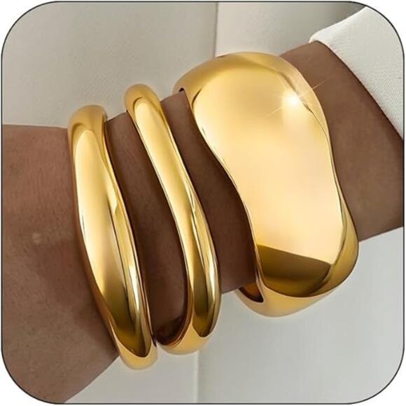 3 Pcs Chunky Gold Bangles for Women | Adjustable Spring-Loaded Bracelet Set. - Picture 6 of 6
